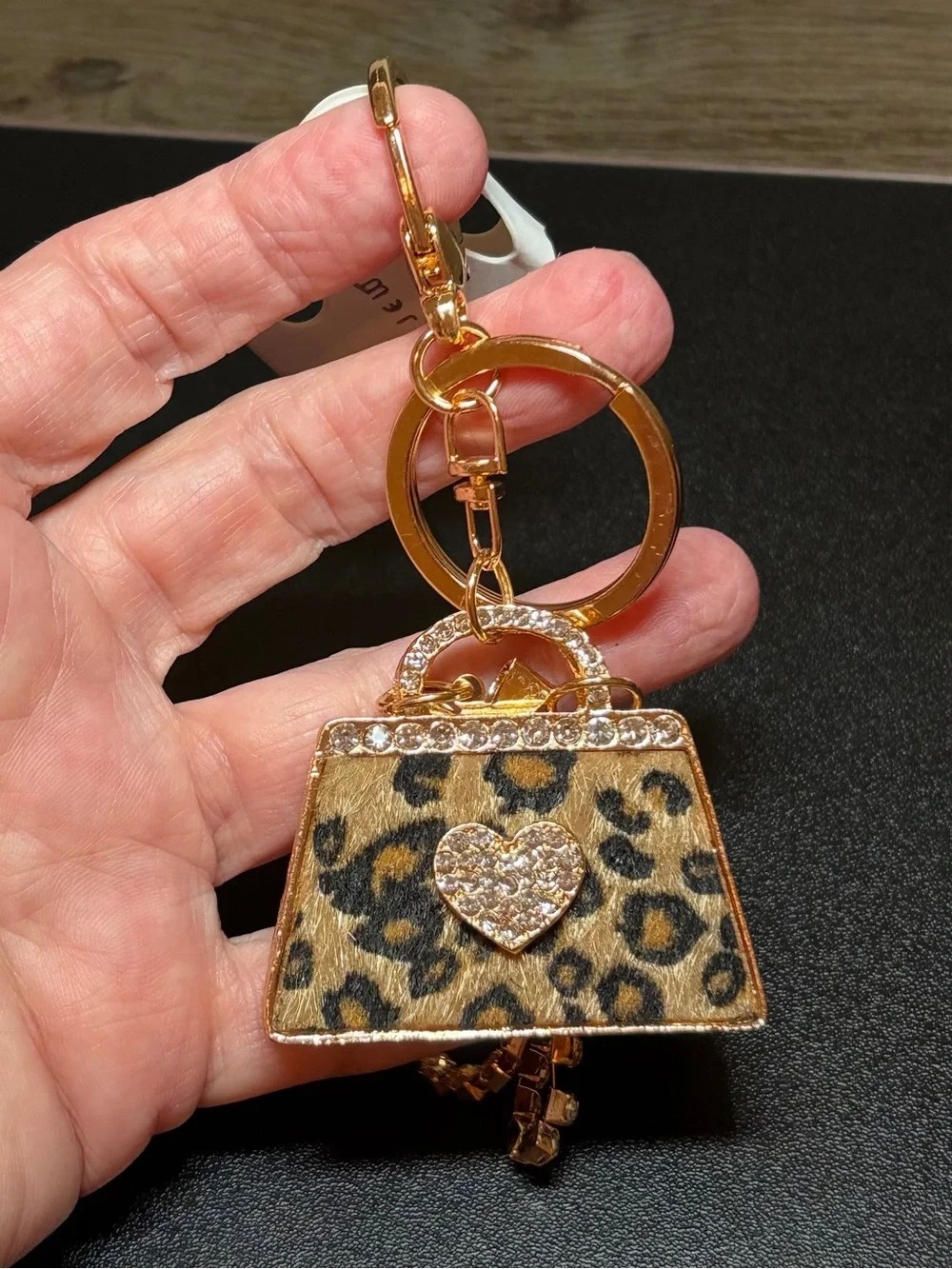 Leopard Print Purse Charm Keychain - Gold with Crystal Accents
